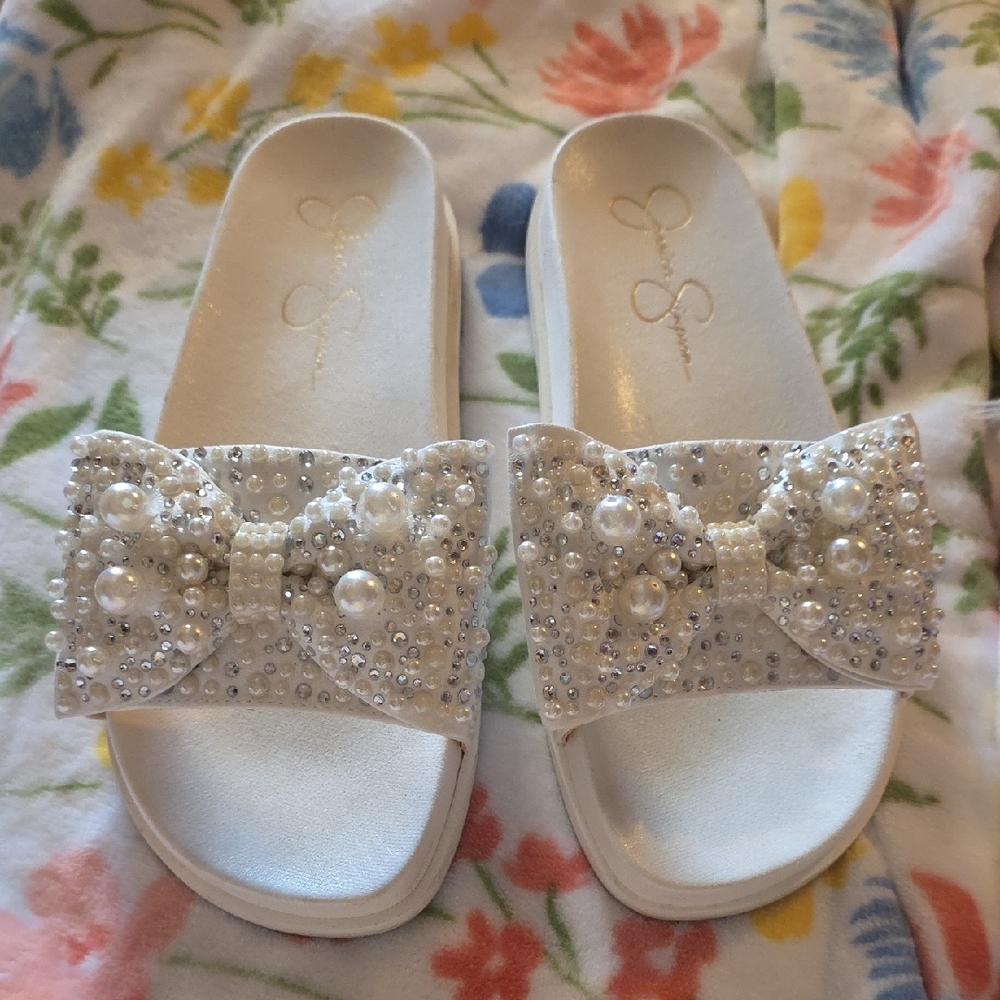 Embellished White Slide Sandals with Bow Crystals And Pearls! So So Pretty!!